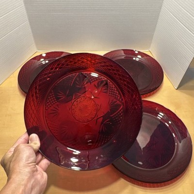 4 Luminarc Antique Ruby Dinner Plates Set Red Floral Cristal D'Arques France Lot