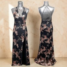 Formal Sequin Mesh Maxi Halter Slit Prom Homecoming Dress Small Glam Evening