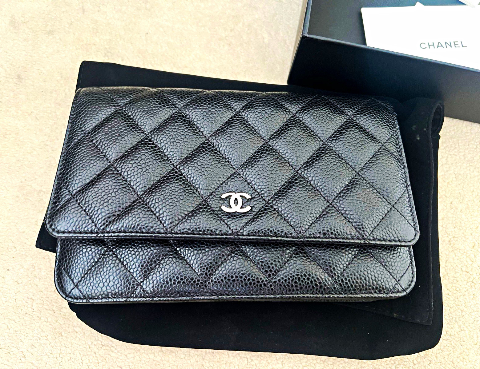 CHANEL Black Quilted Leather Wallet CC Logo with Chain Strap