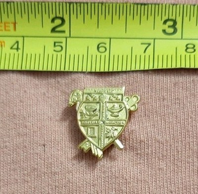 Vintage Gold Tone Facital Scientia Auctus Opera Pulchritudo Coat of Arms Pin