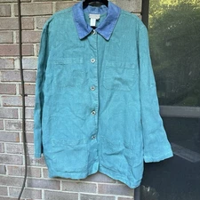 Vtg Coldwater Creek 100% Linen Button Up Top Size 1x Green Blue Collar Textured