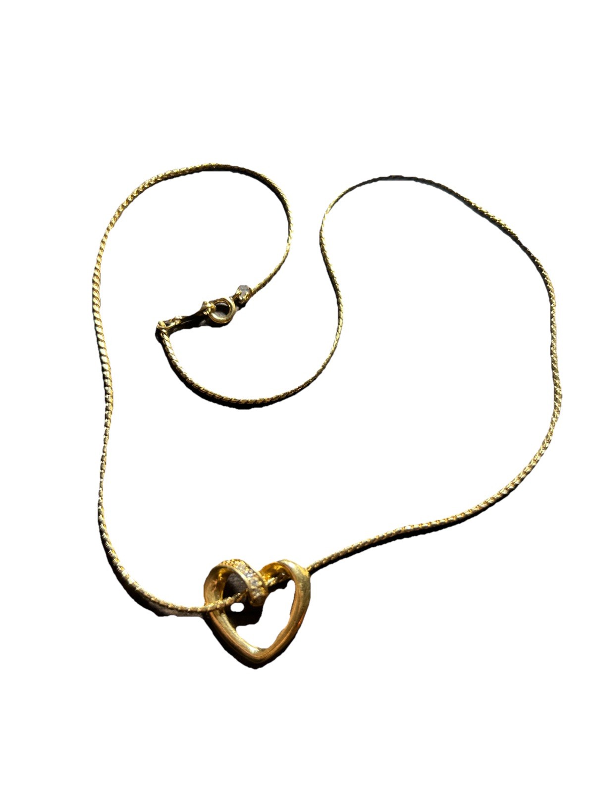 Heart Pendant Necklace Gold Tone Clear Rhinestone Open Classic Simple Vintage