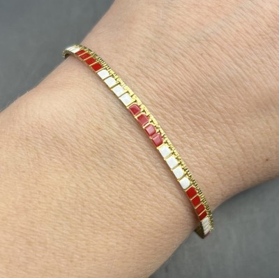 Dainty Enamel Bracelet Red White Square Design Gold Tone Delicate 8 Inch Vintage