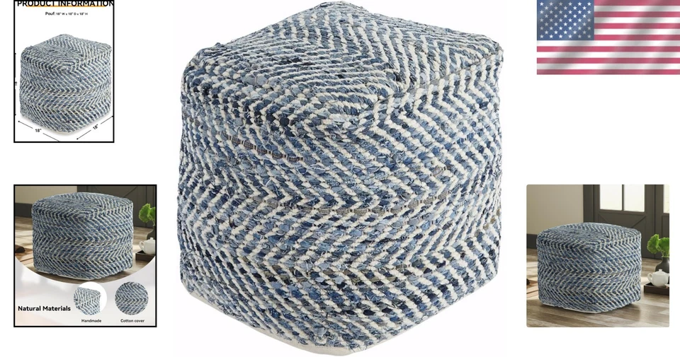 Puf tejido hecho a mano Chevron en azul y blanco - Elegante otomano cuadrado de 18" Foto 2 de 4