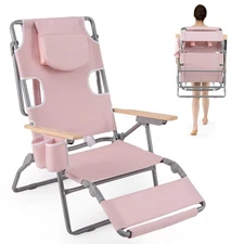 3-IN-1 Foldable Beach Chair w/ Face Hole, Footrest, Adjustable Backrest, Pillow
