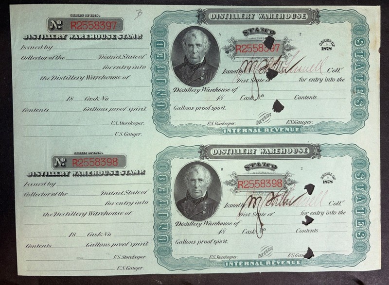 INTERNAL REVENUE DISTILLERY WAREHOUSE ZACHARY TAYLOR STAMPS SERIES OF 1878