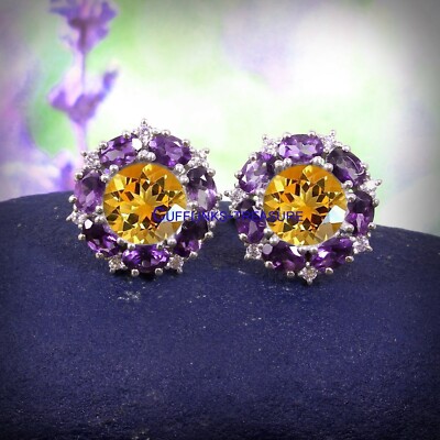 Natural Citrine & Amethyst  Gemstones 925 Sterling Silver Cufflinks For Men's #2