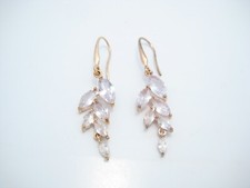 Sterling Silver Rose Gold Tone Clear CZ Leaf Dangle Earrings