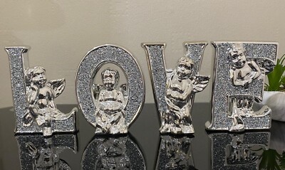 Love Letters With Angels Bling Crystal Diamonds Ornament Free Standing Silver XL