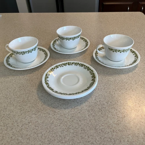 VTG CORNING WARE CORELLE SET CRAZY DAISY SPRING BLOSSOM 3 TEA CUPS & 6 SAUCERS