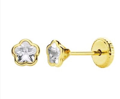 Pendientes oro 18k 750 Mls. Cierre Rosca. Circonita. Flor 4 MM. 