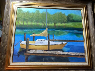 Large Yark ''Moored Boat Scene'' Oil Painting - Signed And Framed