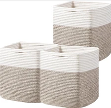 Joy Cube Storage Bins Set (3) - 13inch Cube Baskets Organizer Square Cotton Rope
