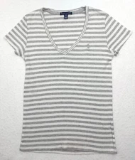 RALPH LAUREN Top Shirt Womens Medium Stretch Tunic V Neck Gray White Striped