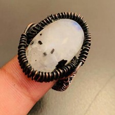 Rainbow Moonstone Gemstone Ring Copper Wire Wrapped Handmade Ring Jewelry