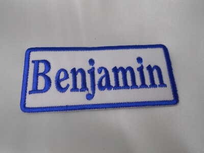 BENJAMIN NEW EMBROIDERED  SEW / IRON ON NAME PATCH BLUE ON WHITE