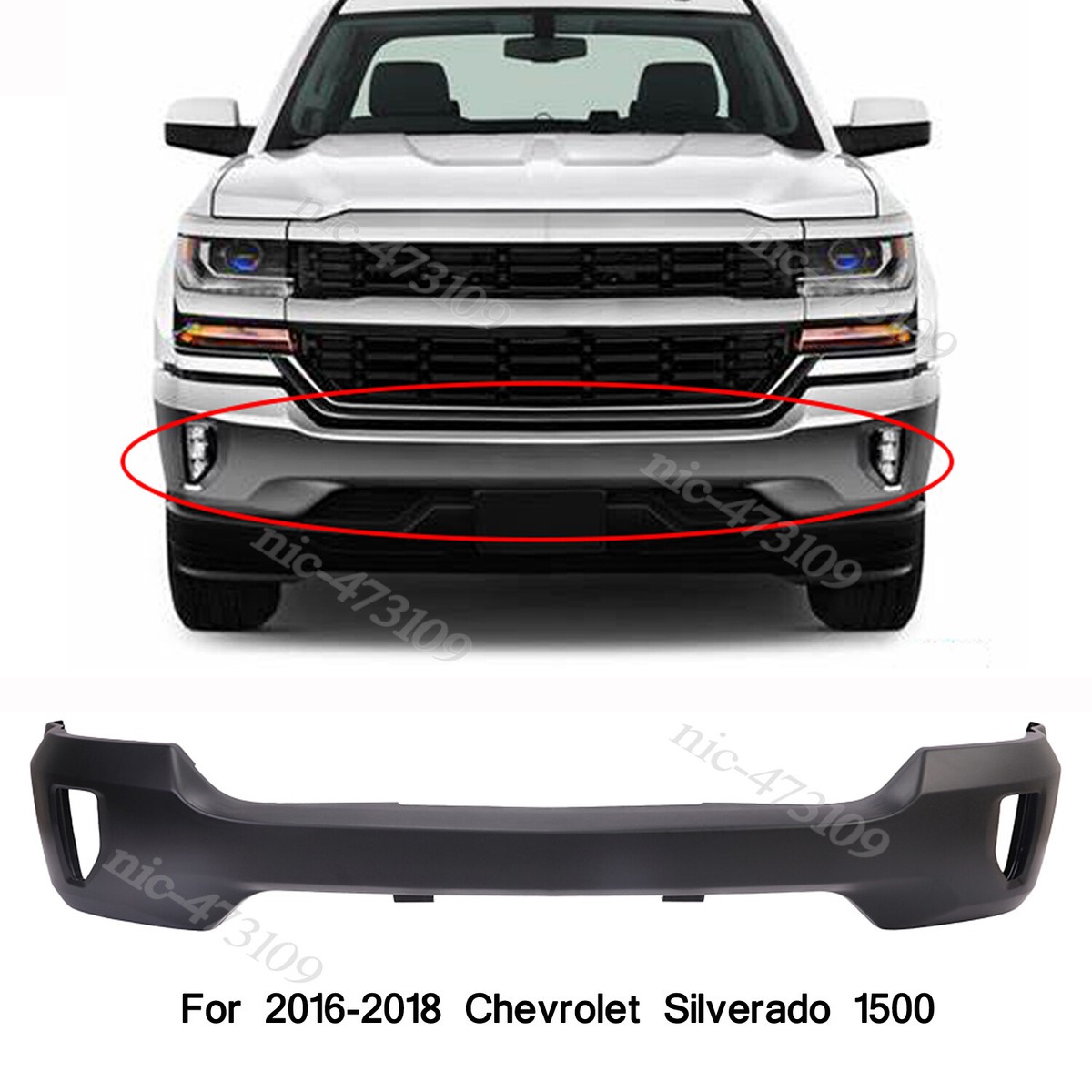 Silverado 1500 Front Bumper Face Bar with Fog Light Openings; Not Pre-Drilled for Backup Sensors; Black (16-18 Silverado 1500