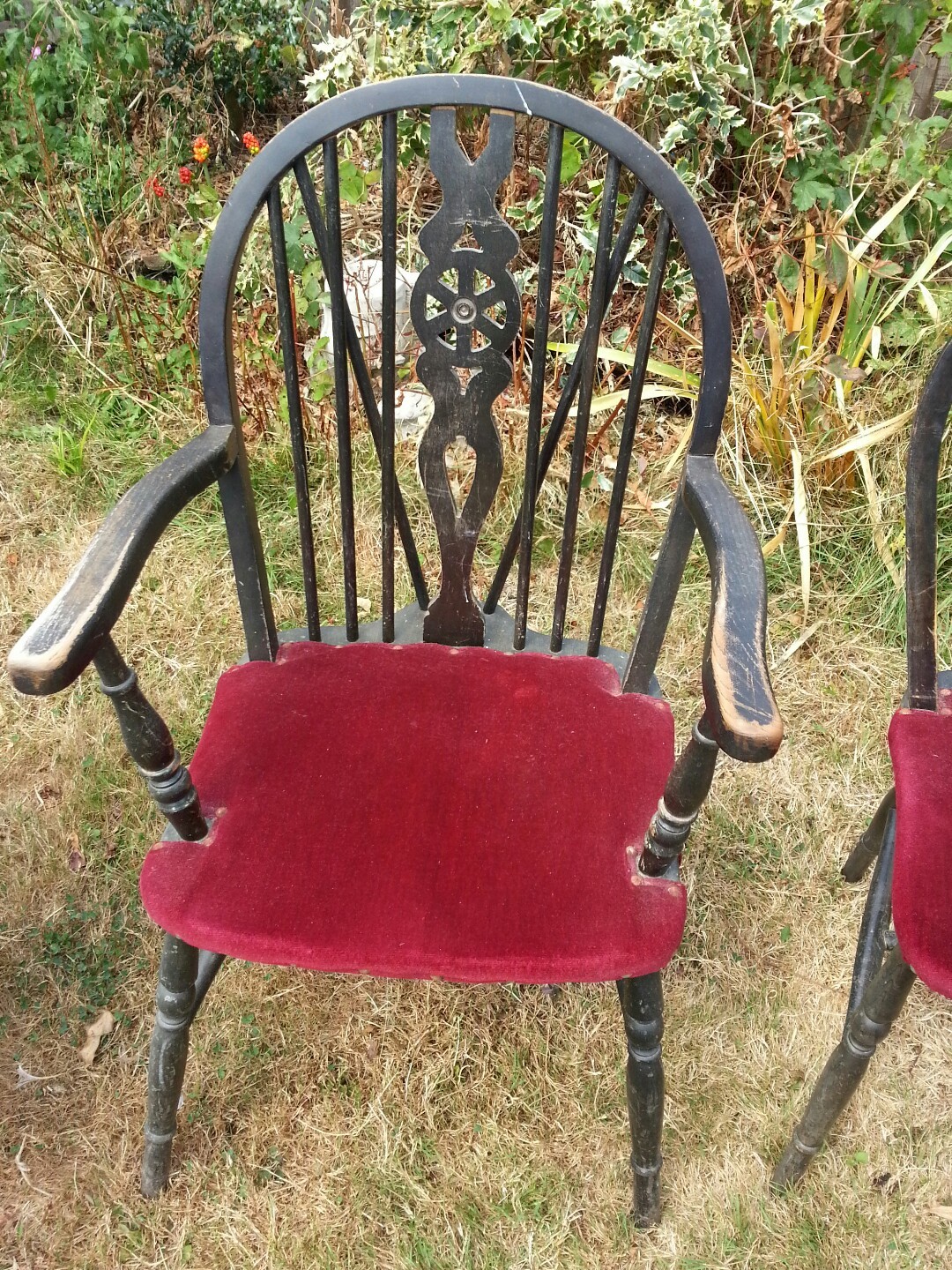 Four Antique Windsor Wheelback Dining Chairs Red Velvet seat eBay