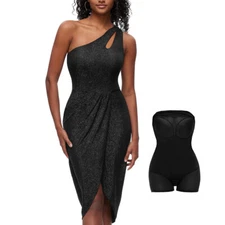 Women With Built in Bra Slimmer Body Shaper Tummy Control One-Shoulder Dresses