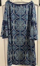 AUW Navy Blue Print Shift Dress Sz6 3/4 Length Bell Sleeve New