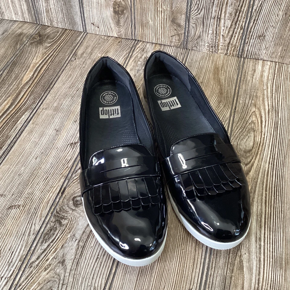 FITFLOP Womens Black Patent Leather Kiltie Fringey Sneaker Loafers Shoes Size 11 - Image 3 of 4