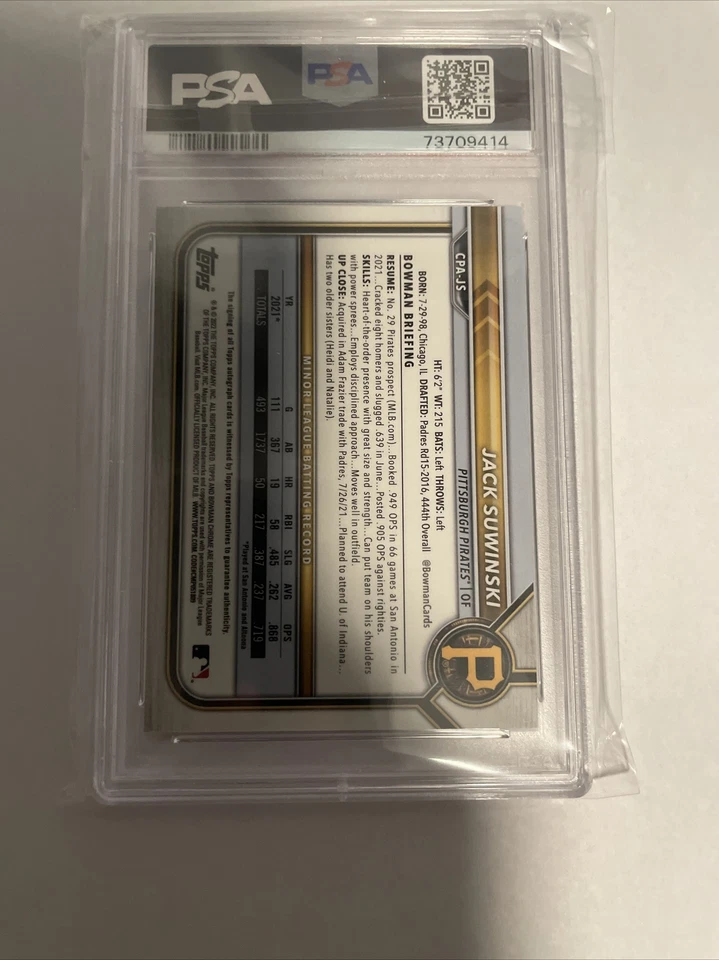 2022 Bowman Chrome Jack Suwinski Gold Shimmer Refractor Auto #/50 PSA 10 Pirates - Image 2 of 2