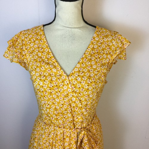 Antiguo Vestido Azul Marino Midi Envolvente Talla S Mujer Amarillo Floral Cuello en V Cintura Elástica Cinturón - Imagen 11 de 16