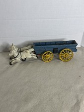 Vintage Cast Iron White Running Horses Drawn Blue Wagon Cart Yellow Wheels Toy