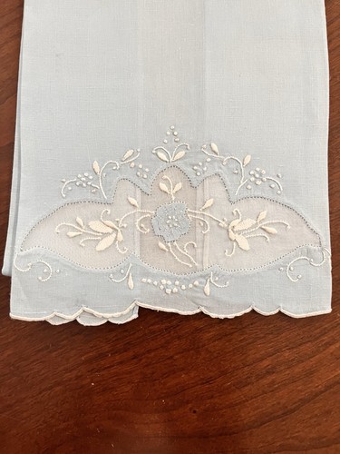 3 Stück Vintage Leinen bestickt appliziert Spitze Gästetücher grün blau beige - Bild 5 von 10