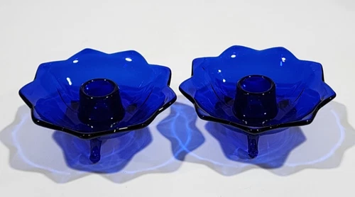 Vintage Fenton Cobalt Blue Footed Candleholders Flower Shape Set of 2