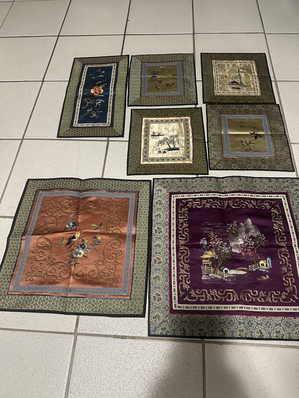 Lots Of 7 Medium Vintage Chinese Silk Embroidery Four Season And Bird Park