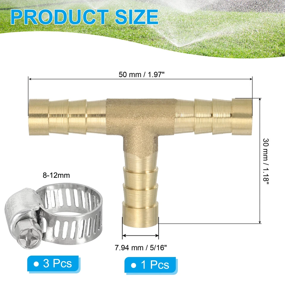 5/16" Brass Tee Barb Hose Fitting Adapter Barbed Split with Clamps, Golden - Image 2 of 4