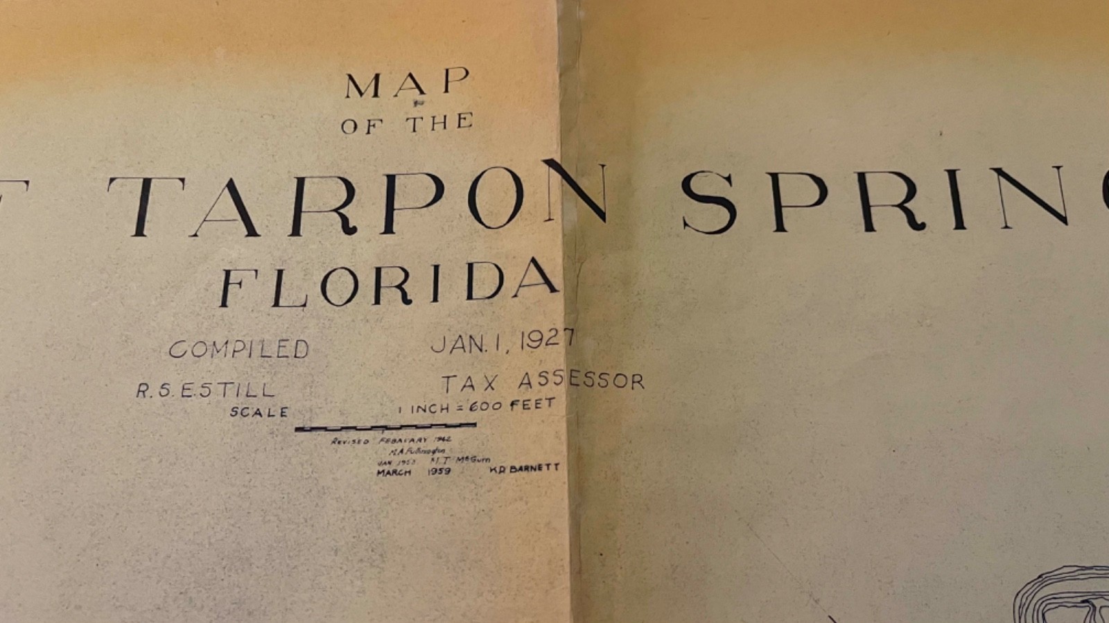 Rare VTG Hand Drawn & Printed 44x27 MAP Florida TARPON SPRINGS Nautical Decor