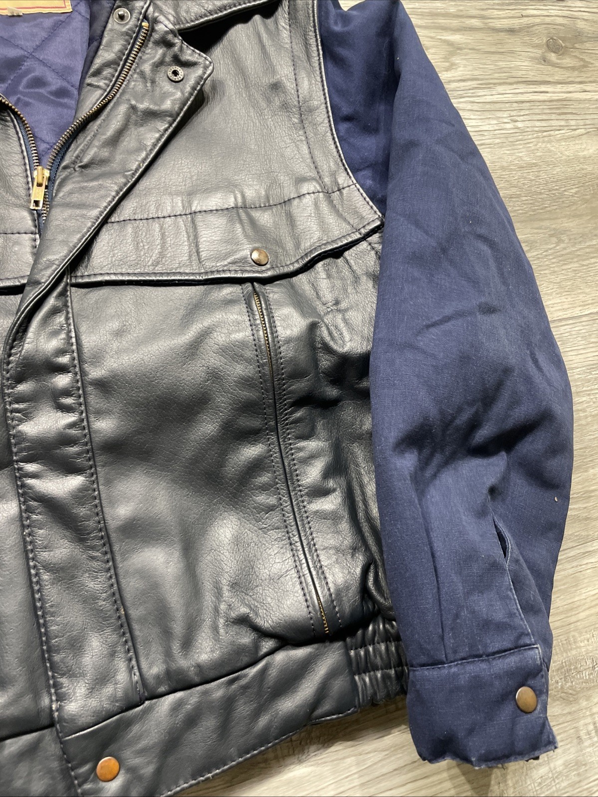 Vintage 1980s Oleg Cassini Leather Jacket Black And Navy Designer Sz 44 L Rare image 4