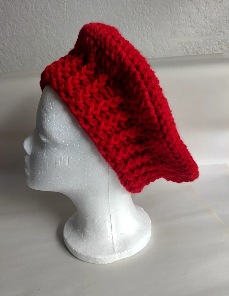 Handmade Crochet Chunky Yarn Red Beret Hat - Image 2 of 4