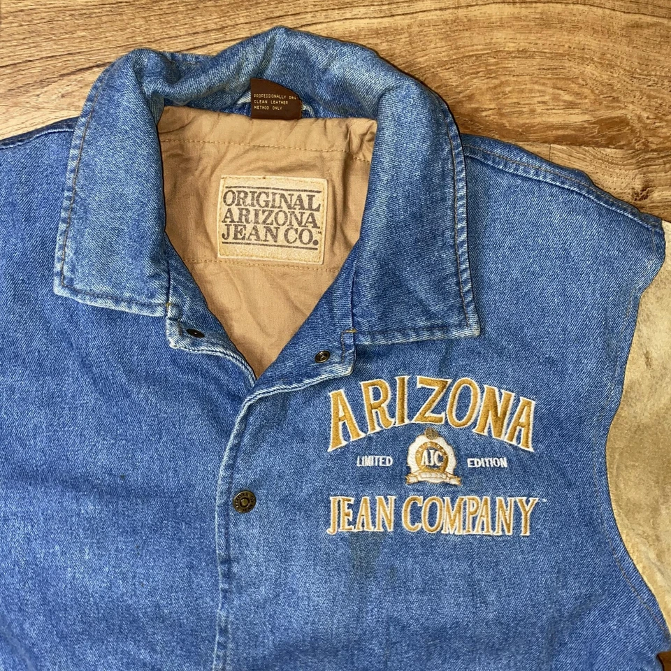 复古 Arizona Jean Company 夹克男式小号蓝色牛仔皮革轰炸机 90 年代 — 第 4/4 张图片