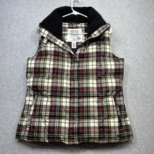 Eddie Bauer Goose Down Vest Women Medium Red Plaid Quilted Zip Snap Outdoor