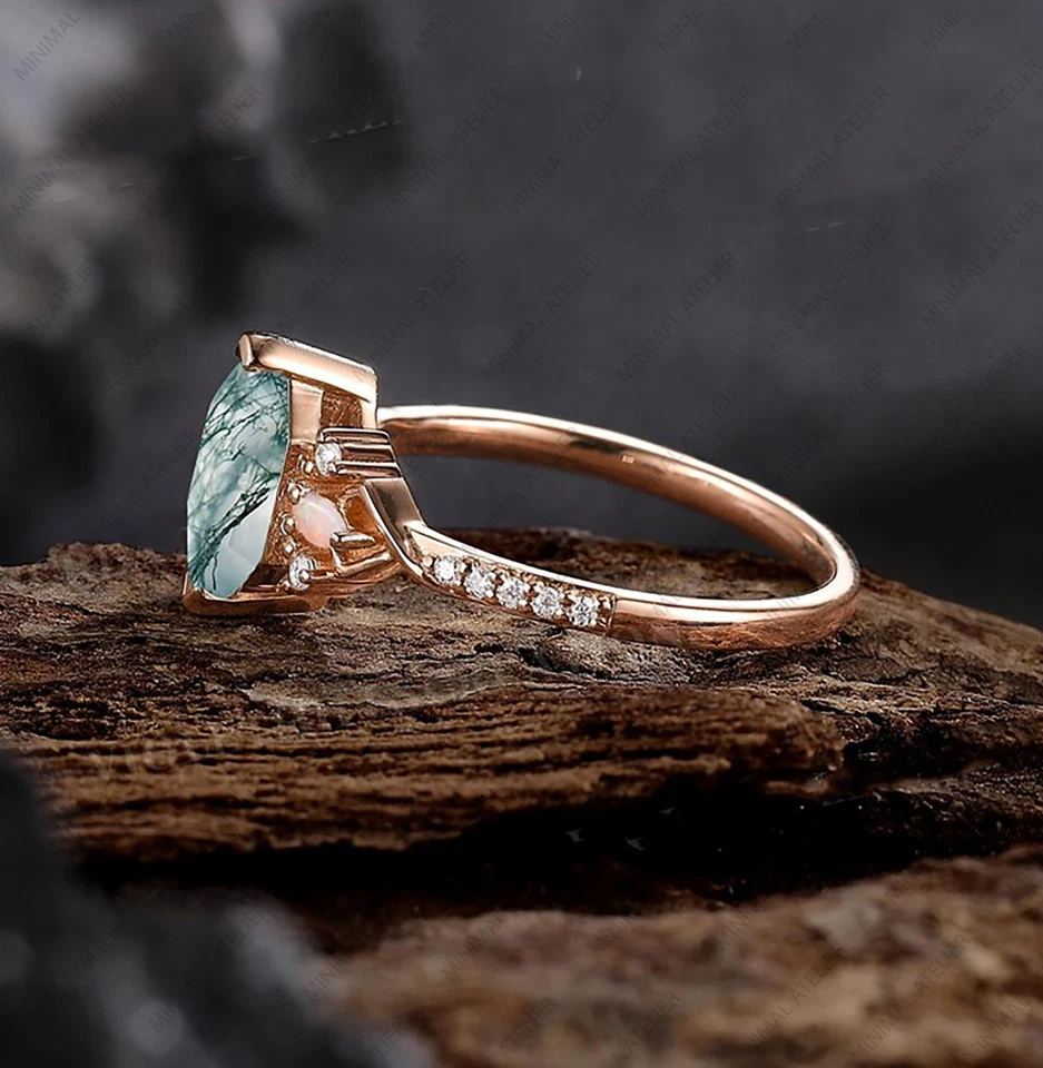 Anillo de boda único corte hexagonal musgo ágata, ópalo y diamante Art Deco media eternidad Foto 4 de 4