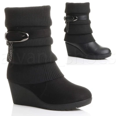 AJVANI WOMENS LADIES MID HIGH HEEL WEDGE KNITTED SLOUCH WINTER CALF ANKLE BOOTS SIZE