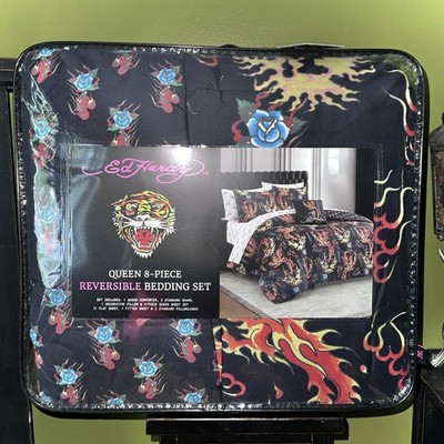 ED HARDY Queen 8 Piece Reversible Bedding Set Black Comforter Phenix & Blue Rose