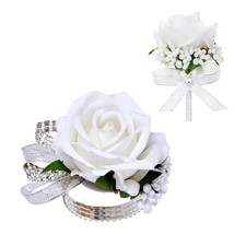 White Rose Wrist Corsage And Boutonniere Set Wedding Prom Flower 2 PCS