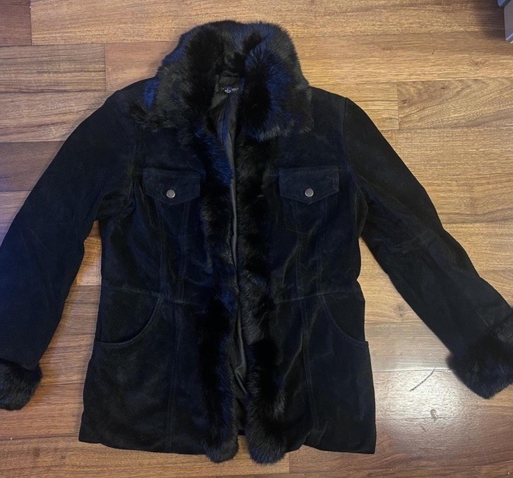 Willi Smith Fur Trim Suede Jacket, Size L, Black