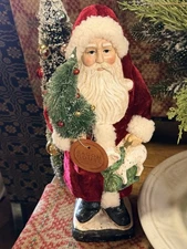 Retired Ragon House VTG Old World Red Velvet Santa with Sheep & Sisal Tree 14"