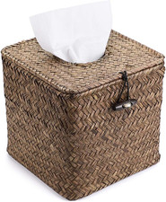 Tissue Box Cover Square Seagrass Tissue Box with Lid, Woven Tissue Box
