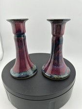 Ashby Potters Guild Art Nouveau Candlesticks Purple Blue Glaze England Pair