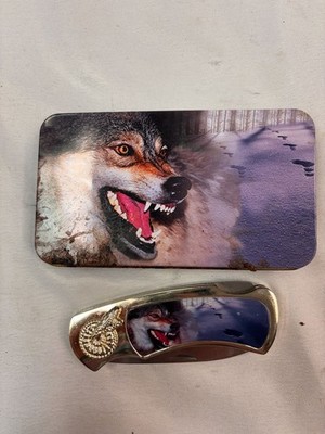 Silver Tone Wolf Art Folding Pocket Knife with Collector Tin Set
