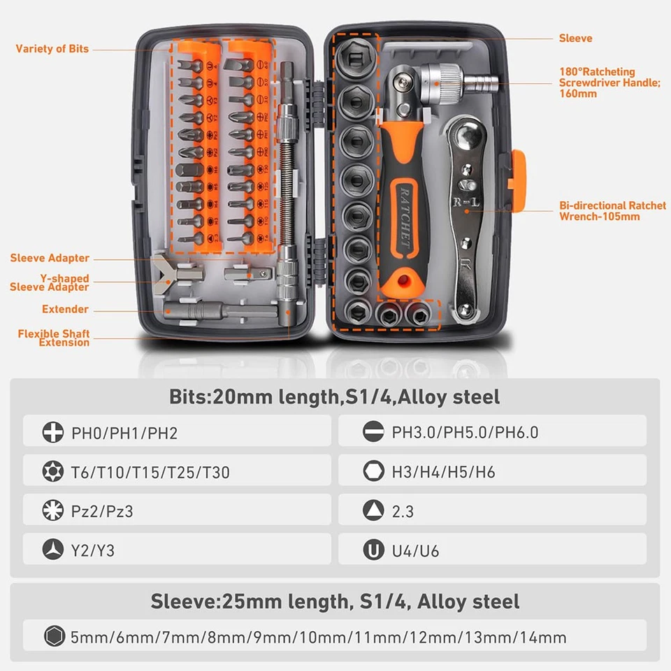 38 in 1 Screwdriver Bit Set Hex Torx Phillips Ratchet Handle Repair Tool Kit - Image 2 of 4