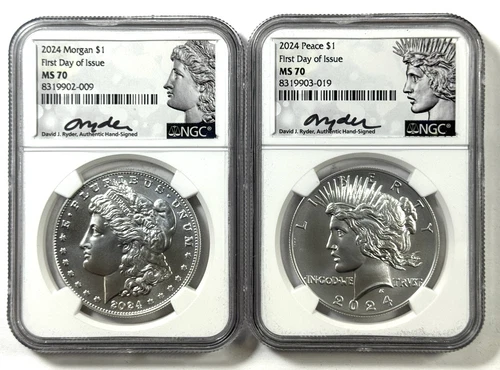 2024 Morgan Peace Silver Dollar 2PC NGC MS70 FIRST DAY OF ISSUE - Ryder Signed
