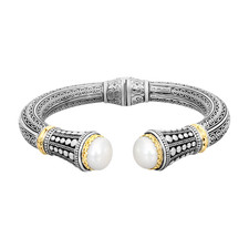 Konstantino 925 Silver 18K Gold Clas Cultured Pearl Bangle Bracelet Size 6.5"