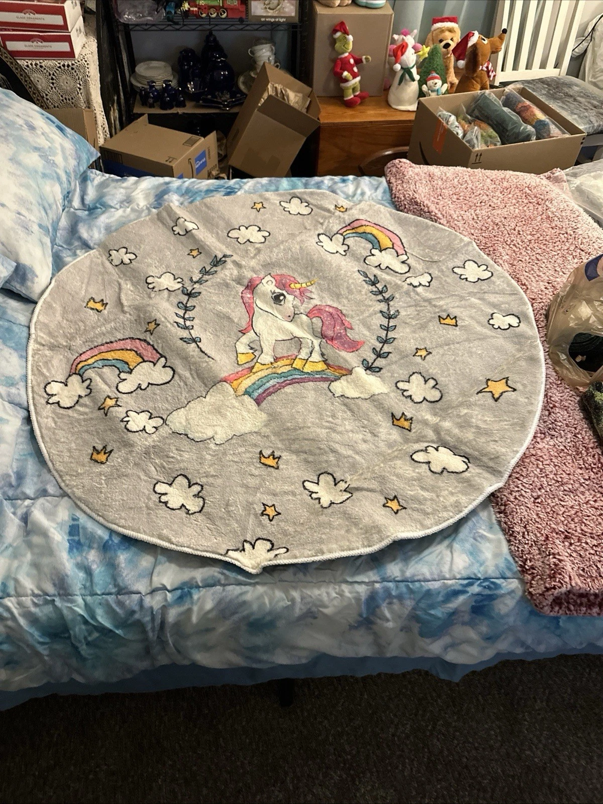 47.2” Pink Unicorn Round Mat with Rainbows, Moons & Stars